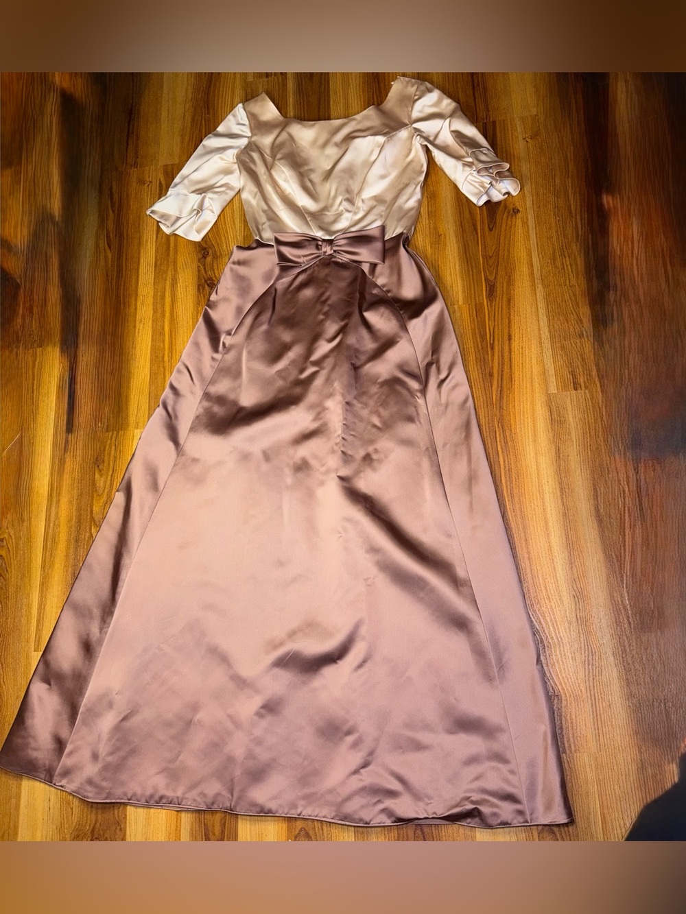 Two-Tone Satin Evening Gown with Bow Waist